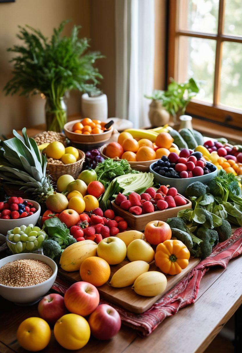 A vibrant, healing scene depicting a diverse array of colorful fruits, vegetables, and whole grains arranged artfully on a wooden table, with a soft light illuminating the food, symbolizing nourishment and vitality. In the background, a cozy kitchen with plants and wellness books, representing a holistic approach to cancer recovery. The atmosphere feels warm and inviting, suggesting care and nurturing. super-realistic. vibrant colors. natural light.