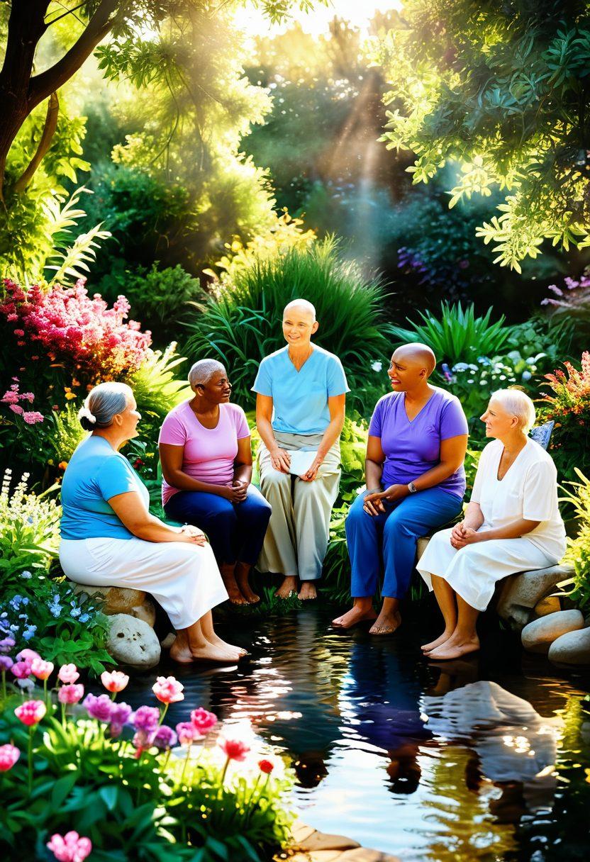 A serene landscape depicting a diverse group of cancer survivors gathered in a lush garden, sharing stories and support. In the background, a warm sunlight beams down, symbolizing hope and wellness. Elements of nature such as blooming flowers and flowing water enhance the atmosphere of healing. The image captures a moment of connection and empowerment among the individuals. vibrant colors. super-realistic.