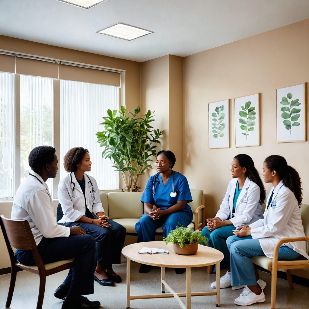 A serene scene depicting a diverse group of patients and healthcare professionals engaged in supportive conversations in a bright, welcoming clinic. Include elements like plants for a calming atmosphere, healing charts on the wall, and soft lighting that enhances a sense of empathy. Show a patient receiving counseling with a friendly clinician, emphasizing connection and understanding in health care. soft colors. super-realistic. warm tones.